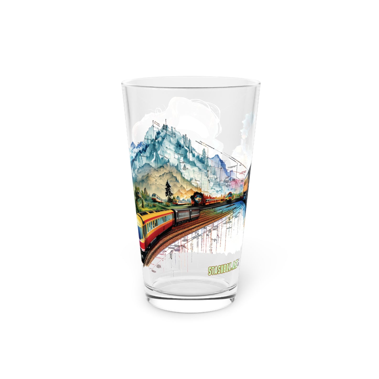 Witness the beauty of travel and exploration with our Woman and Train Pint Glass. A blend of vivid colors and intricate design, it's a visual delight for every art enthusiast. #ArtisticGlass #StashboxTrain