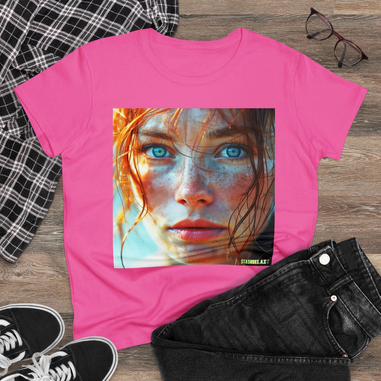 Women's Midweight Cotton Tshirt Redhead Model Beautiful Face Close Up 020