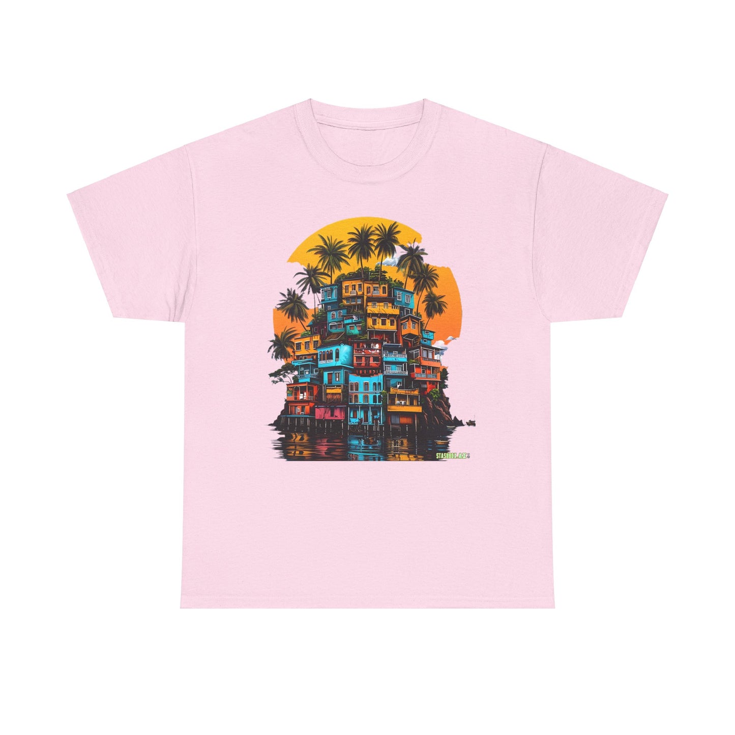 Heavy Cotton Tshirt Stacked Buildings Palm Trees Giant Sun 001