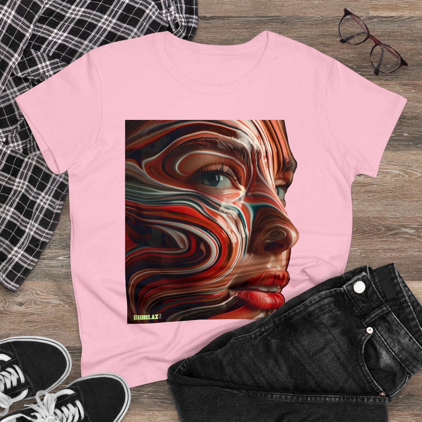 Women's Midweight Cotton Tee Pretty Model Red Swirl Face Paint 025