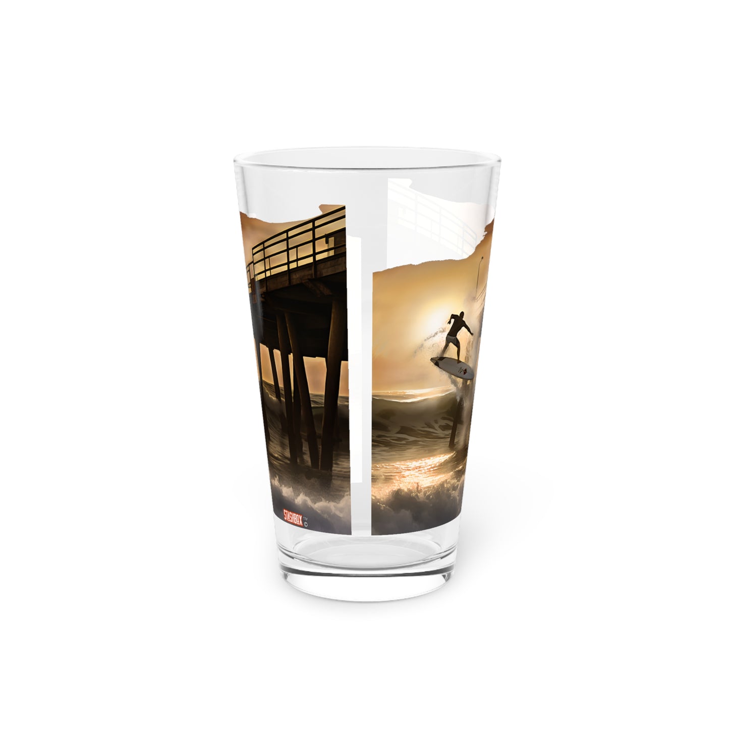 Pint Glass 16oz Huntington Beach Surfer Charging The Pier Waves 062