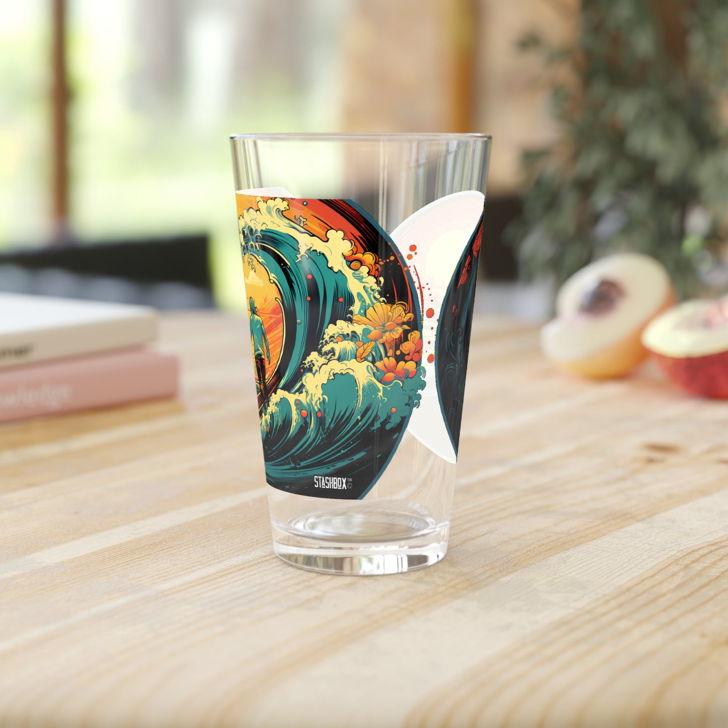 Pint Glass, 16oz Surfing Colorful Wave Sunset Art 2-in-1 Design Waves 046a 046b