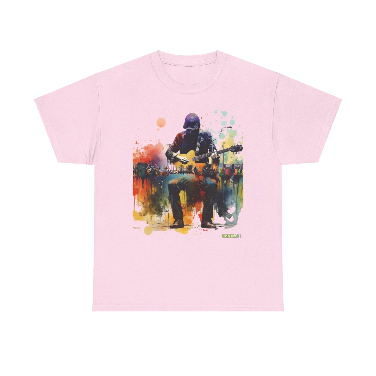 Unisex Adult Size Heavy Cotton Tshirt Colorful Guitarist and Guitars 007