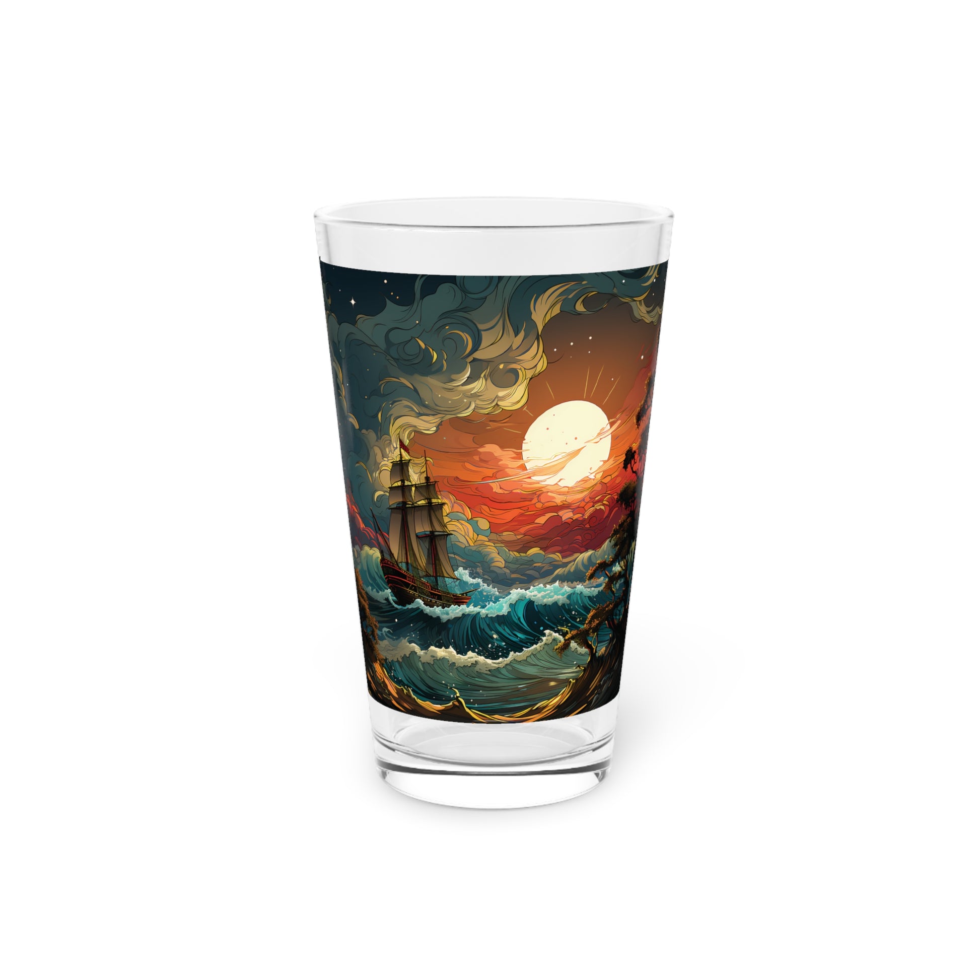 Explore the mystic allure of our Tarot Card Style Ocean Waves Pint Glass (16oz) - Waves Design #030. Exclusively crafted by Stashbox.ai, this glass captures the essence of tarot with ocean waves and a sailing ship. Dive into the mystic with this unique glassware.