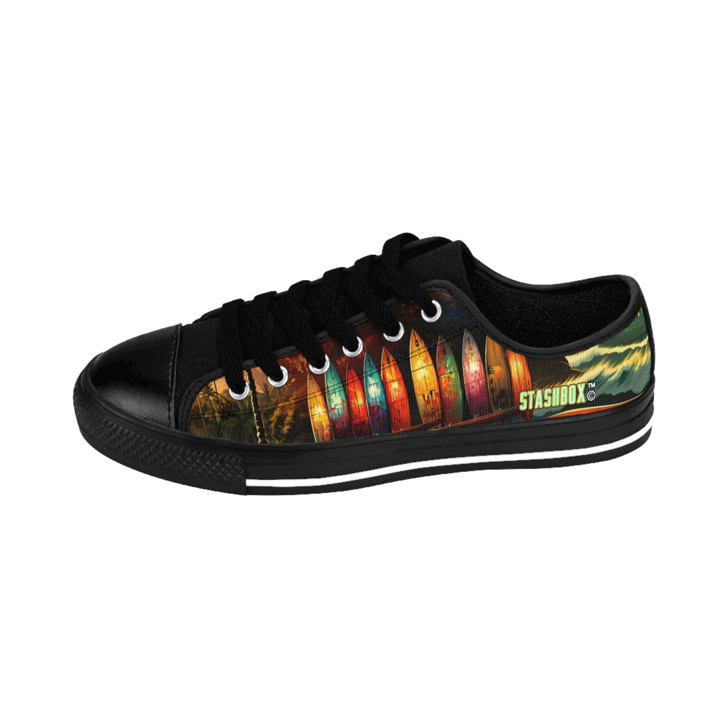 Hawaiian Longboard Surfboards in Stunning Hawaiian Sunset Beach Scene - Custom Men's Sneakers - Surfboard Design #004