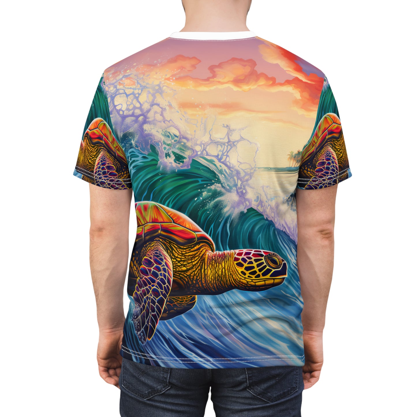 Unisex Cut & Sew Tee (AOP) Surfing Giant Turtle Waves 009