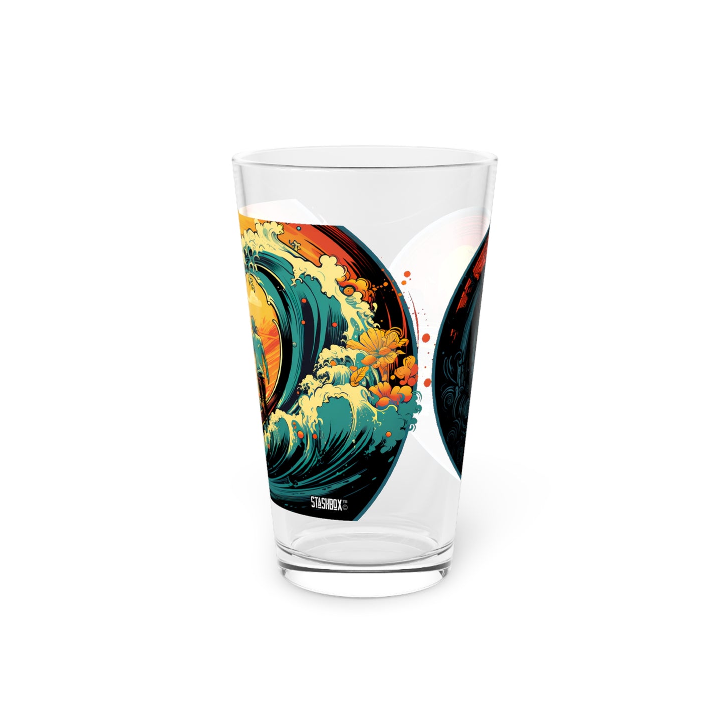 Pint Glass, 16oz Surfing Colorful Wave Sunset Art 2-in-1 Design Waves 046a 046b