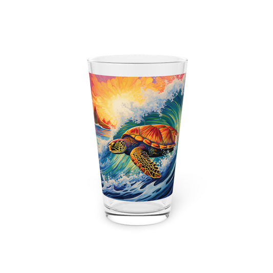 Surfing Turtle Colorful Wave Pint Glass 16oz - Waves Design #027: Ride the wave with our vibrant pint glass, capturing the spirit of surfing turtles.
