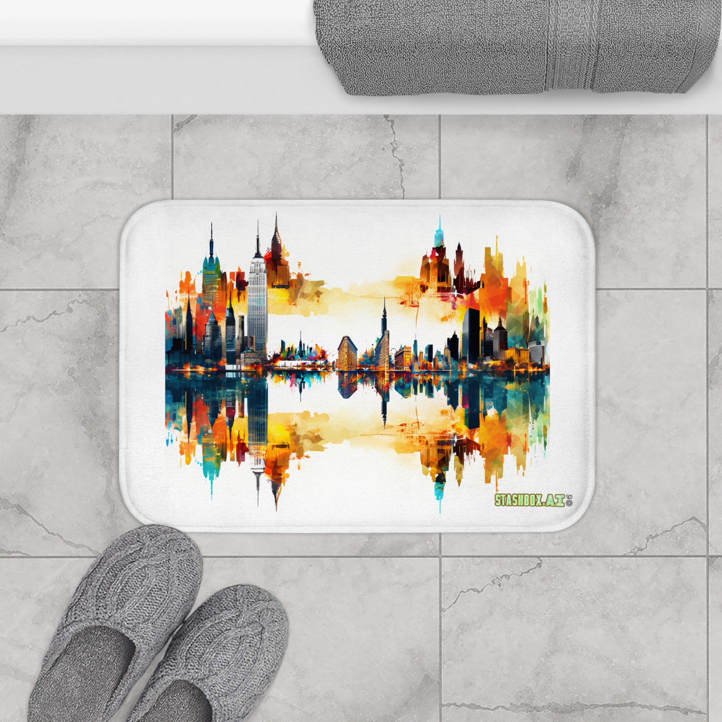 Colorful NYC Skyline Bath Mat - Stashbox Watercolor Design