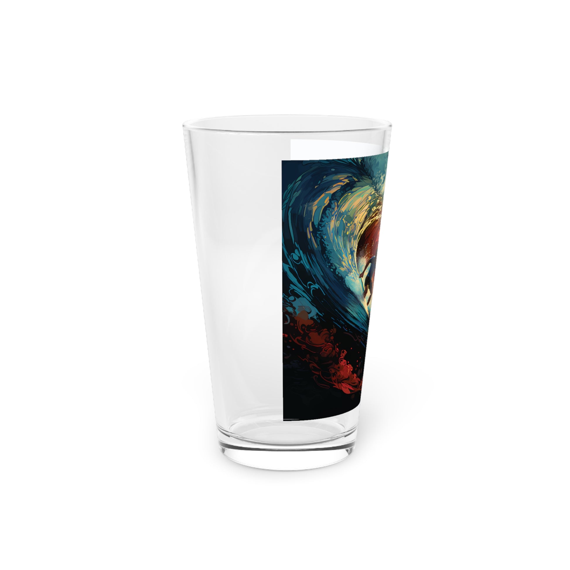 Surfing Color Waves Pint Glass: where art meets functionality. Waves Design #019 encapsulates the joy of riding waves in a vivid, eye-catching design.