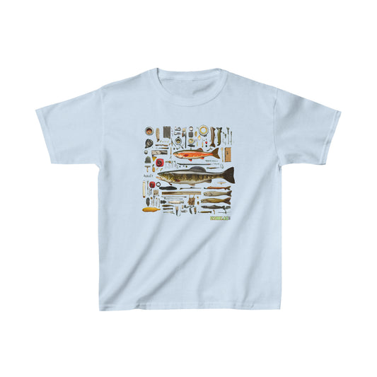 Kids Heavy Cotton™ T-Shirt Fishing Fisherman Knolling Abstract Art 006