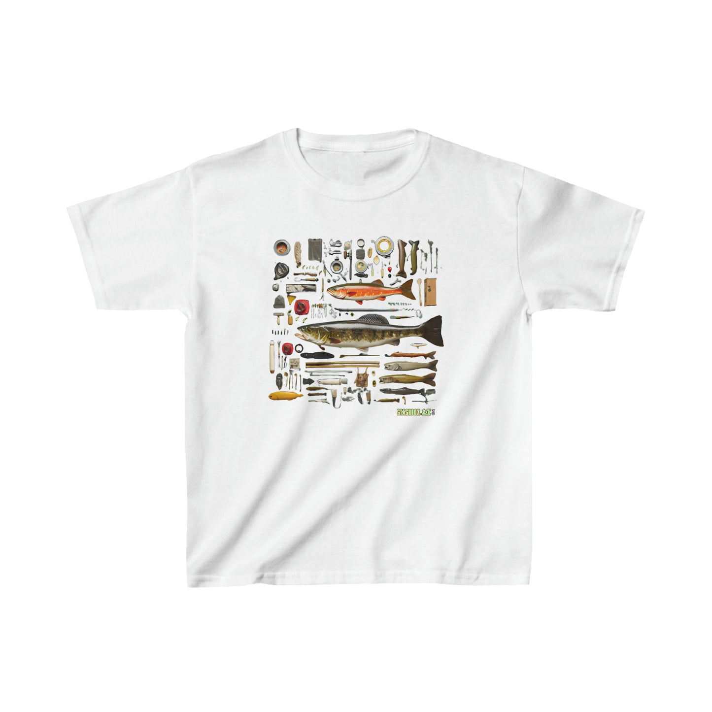 Kids Heavy Cotton™ T-Shirt Fishing Fisherman Knolling Abstract Art 006