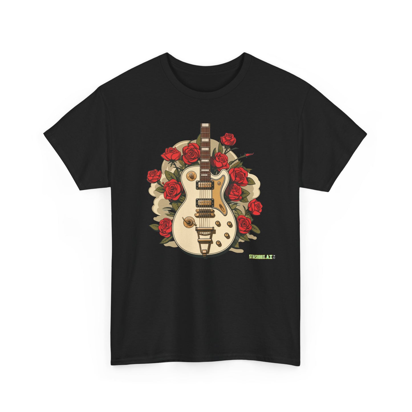 Unisex Heavy Cotton Tshirt Stylish Roses and Guitar 003