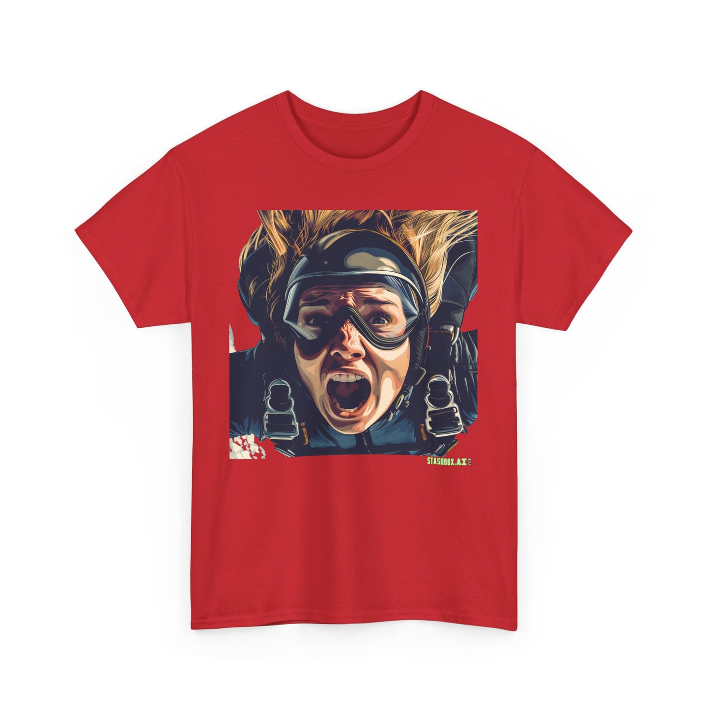 Unisex Adult Size Heavy Cotton Tshirt Beautiful Girl Mid-Skydiving terrified face - 023