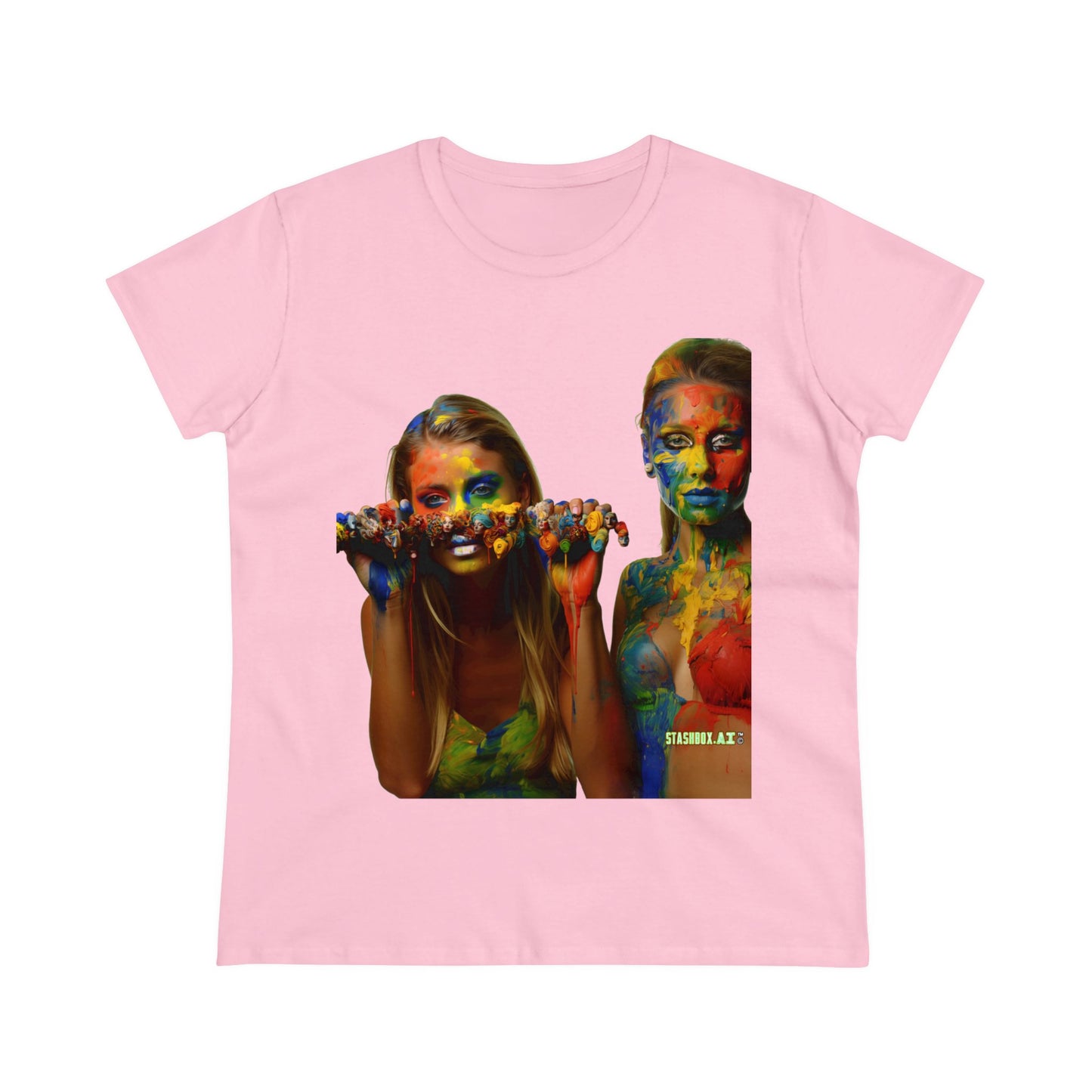 Women's Midweight Cotton Tshirt Two Beautiful Models Covered in Rainbow Paint 023