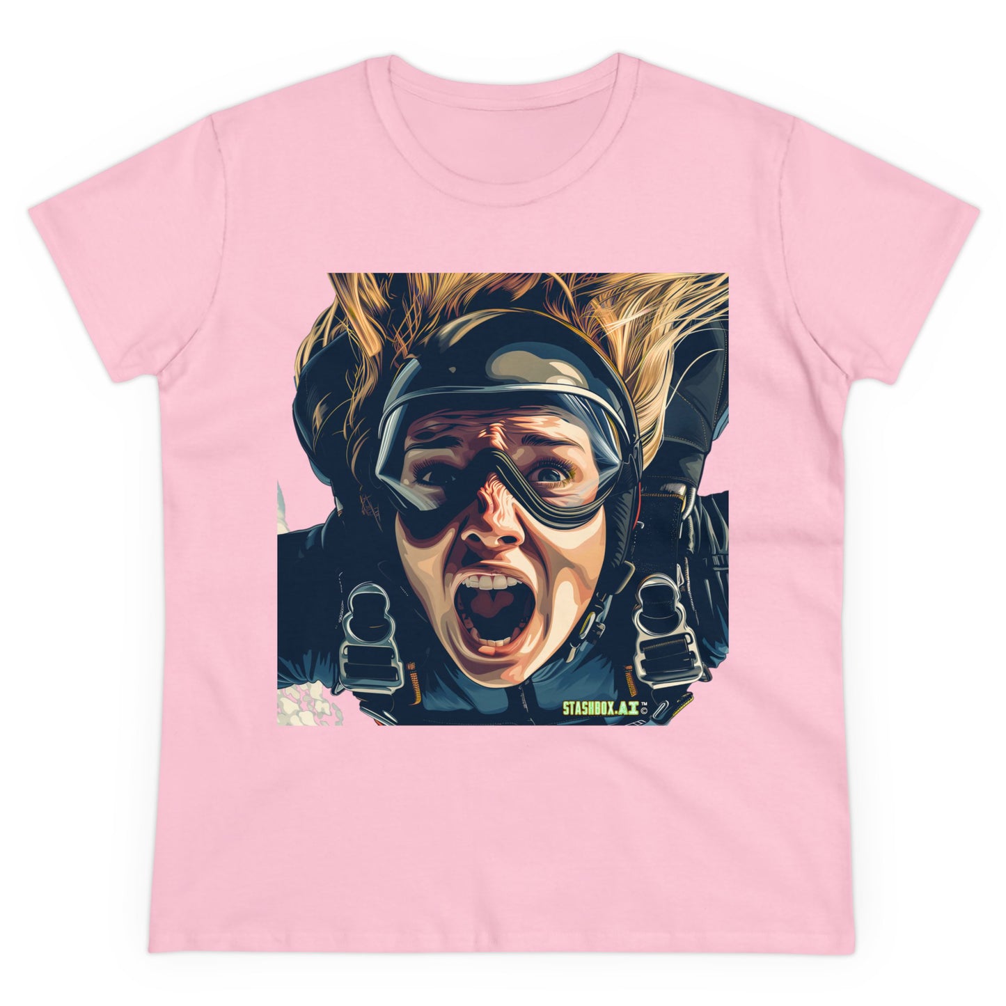 Women's Midweight Cotton Tshirt Terrified Skydiver Close Up 020