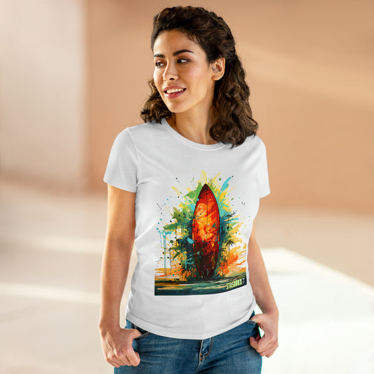 Beachy Hues, Stylish You: Embrace the spirit of the shore with our Women's Midweight Cotton Tee - Surfboard Design #010. Featuring vibrant paint art, this tee captures the essence of beachy bliss and artistic expression. 🎨🏖️ #BeachVibes #StashboxStyle #SurfboardCharm