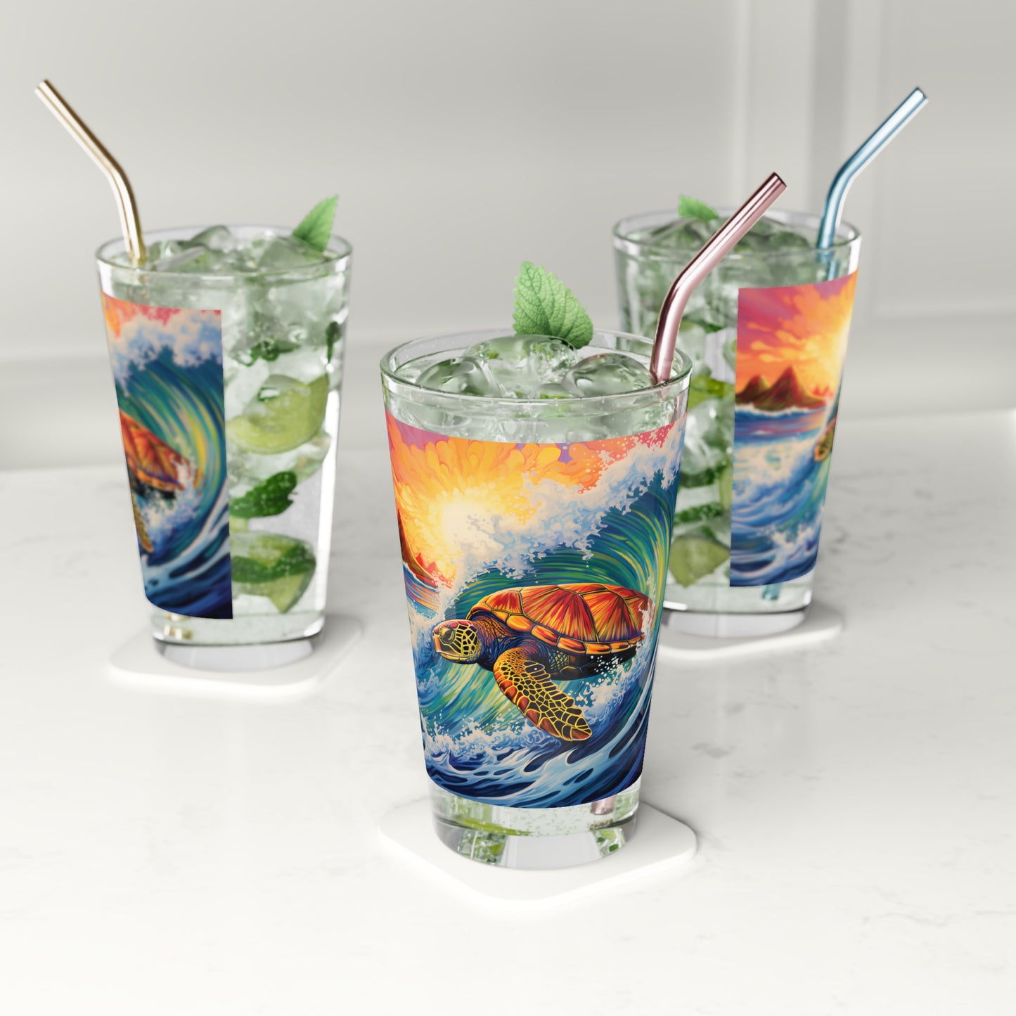 16oz Surfing Turtle Colorful Wave Pint Glass - Waves Design #027: Experience the energy of the sea with our artistic pint glass, featuring a surfing turtle.