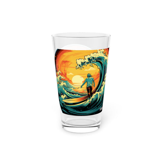 Pint Glass, 16oz Surfing Colorful Wave Sunset Art 2-in-1 Design Waves 046a 046b