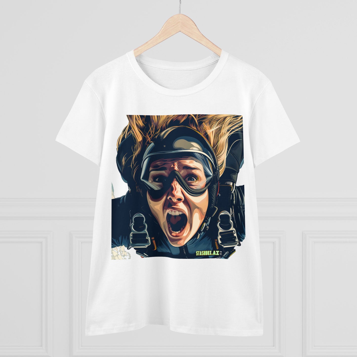 Women's Midweight Cotton Tshirt Terrified Skydiver Close Up 020