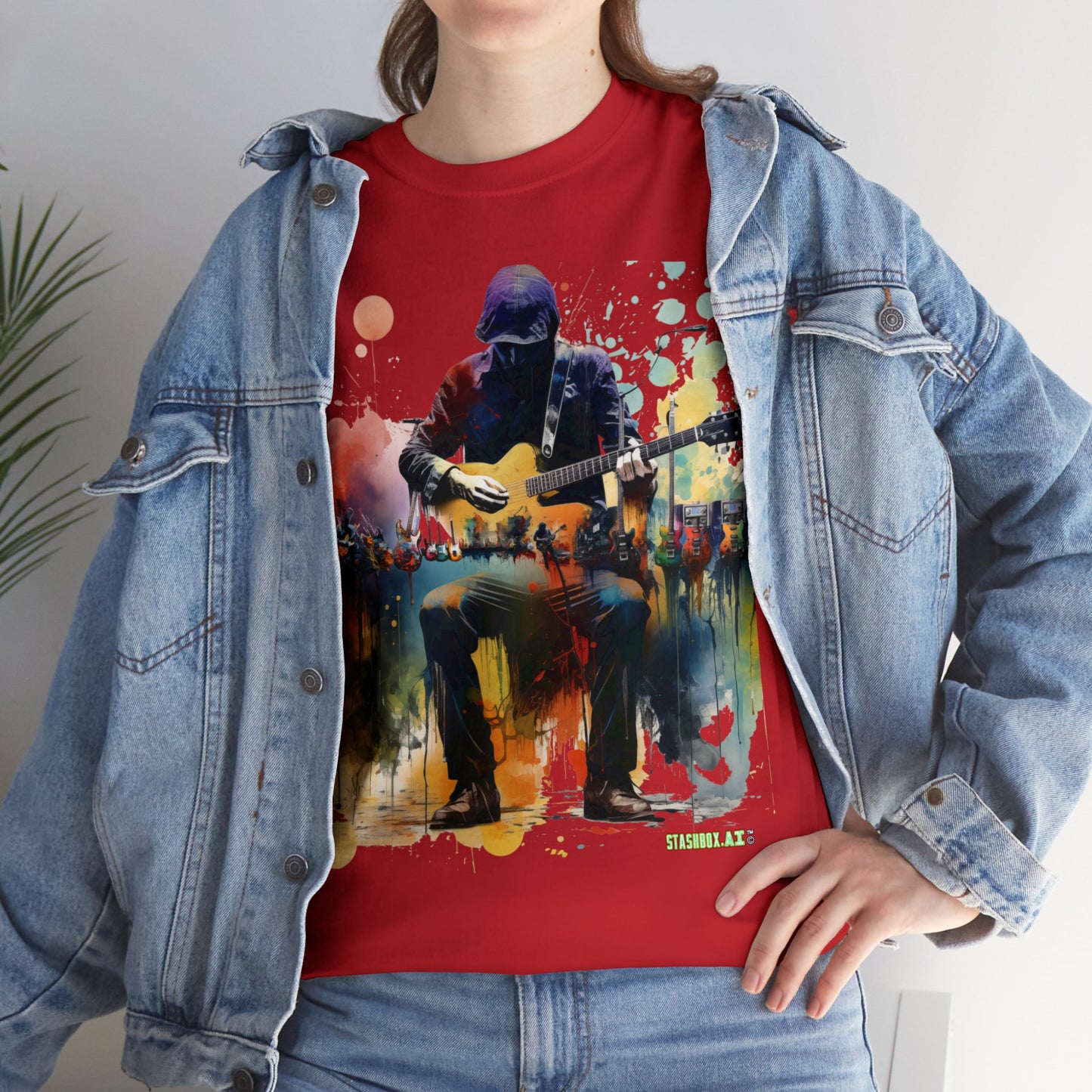 Unisex Adult Size Heavy Cotton Tshirt Colorful Guitarist and Guitars 007