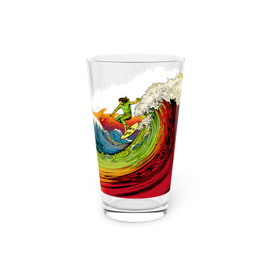 Creative Surfer mid air Savor the tranquility of Japanese art with our Colorful Sunset Wave Pint Glass, 16oz. Waves Design #042. Your drink, your culture, only at Stashbox.ai.
