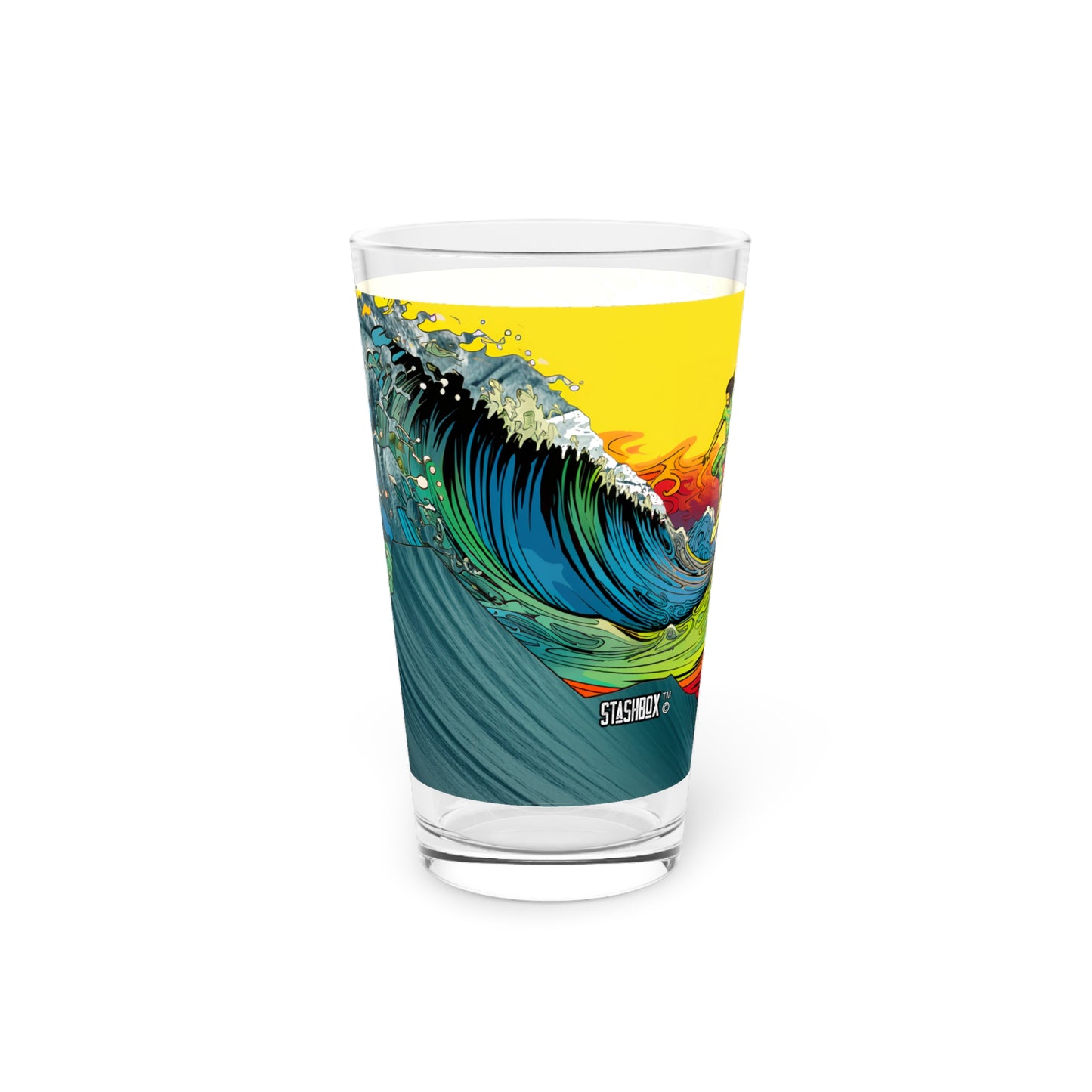 Pint Glass 16oz Mixed-Media Surfer Mid-Air Psychedelic Wave Art 063