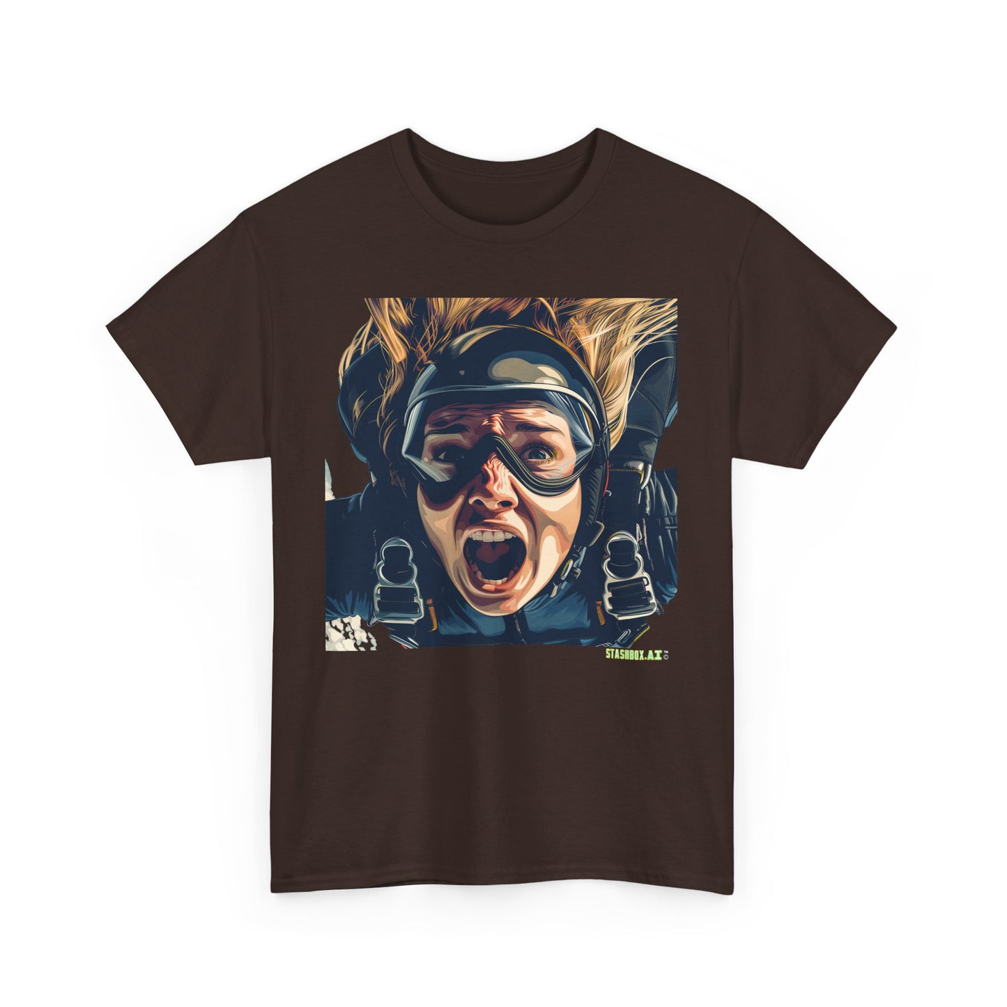 Unisex Adult Size Heavy Cotton Tshirt Beautiful Girl Mid-Skydiving terrified face - 023