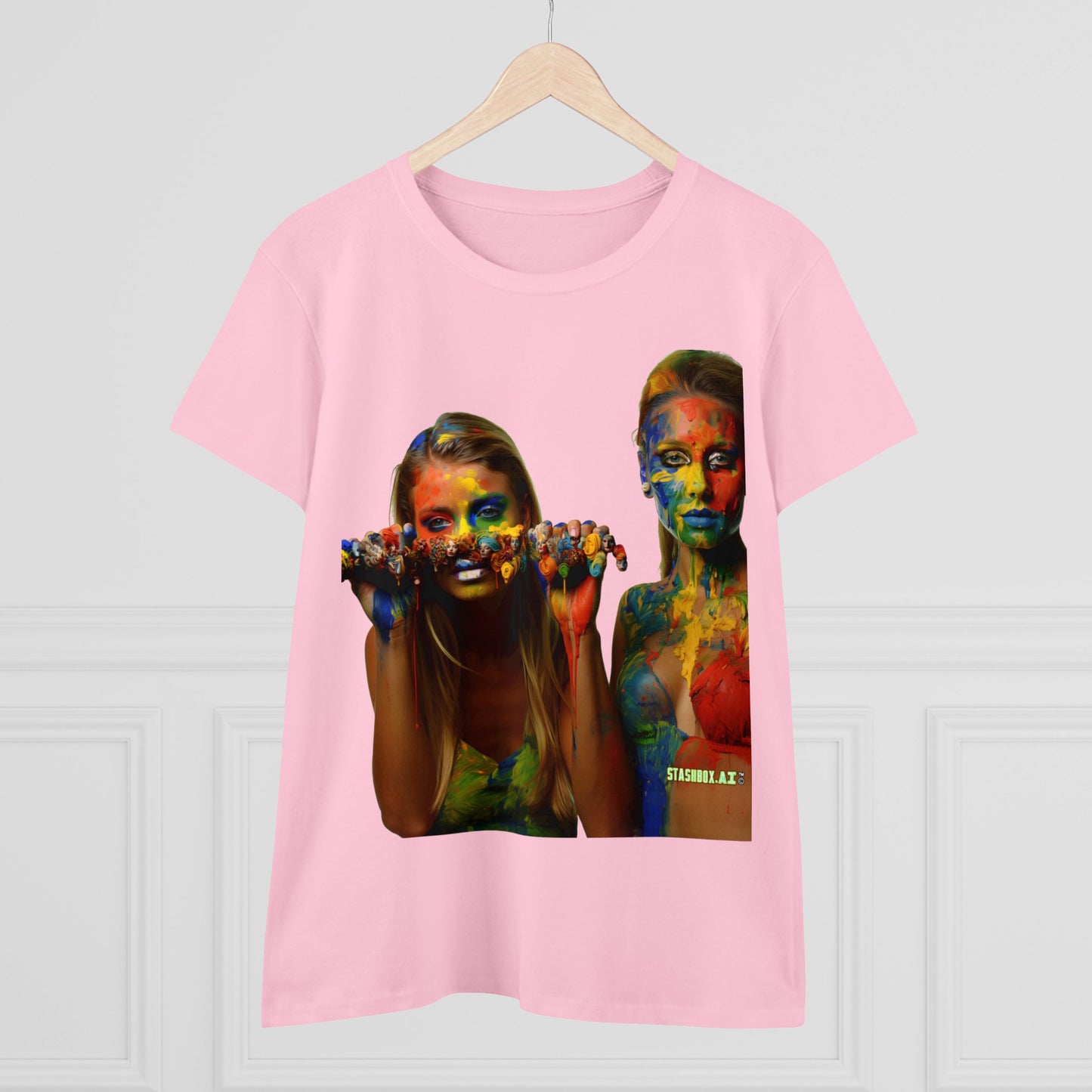 Women's Midweight Cotton Tshirt Two Beautiful Models Covered in Rainbow Paint 023