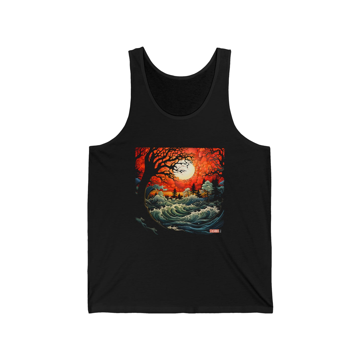 Unisex Jersey Tank Top Scary Sunset Night Beach and Waves Scene 58