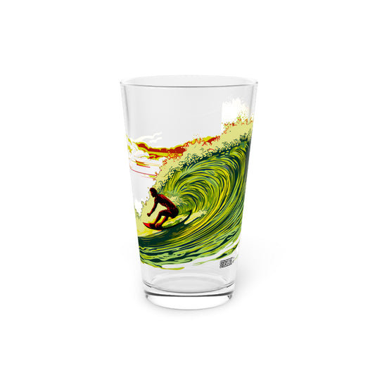 Dive into the spirit of Hawaii with our Surfing Wave Art Pint Glass. Exclusive to Stashbox.ai, this 16oz glass showcases vibrant green, yellow, and red waves, capturing the essence of the Hawaiian surf. Elevate your drinking experience today!