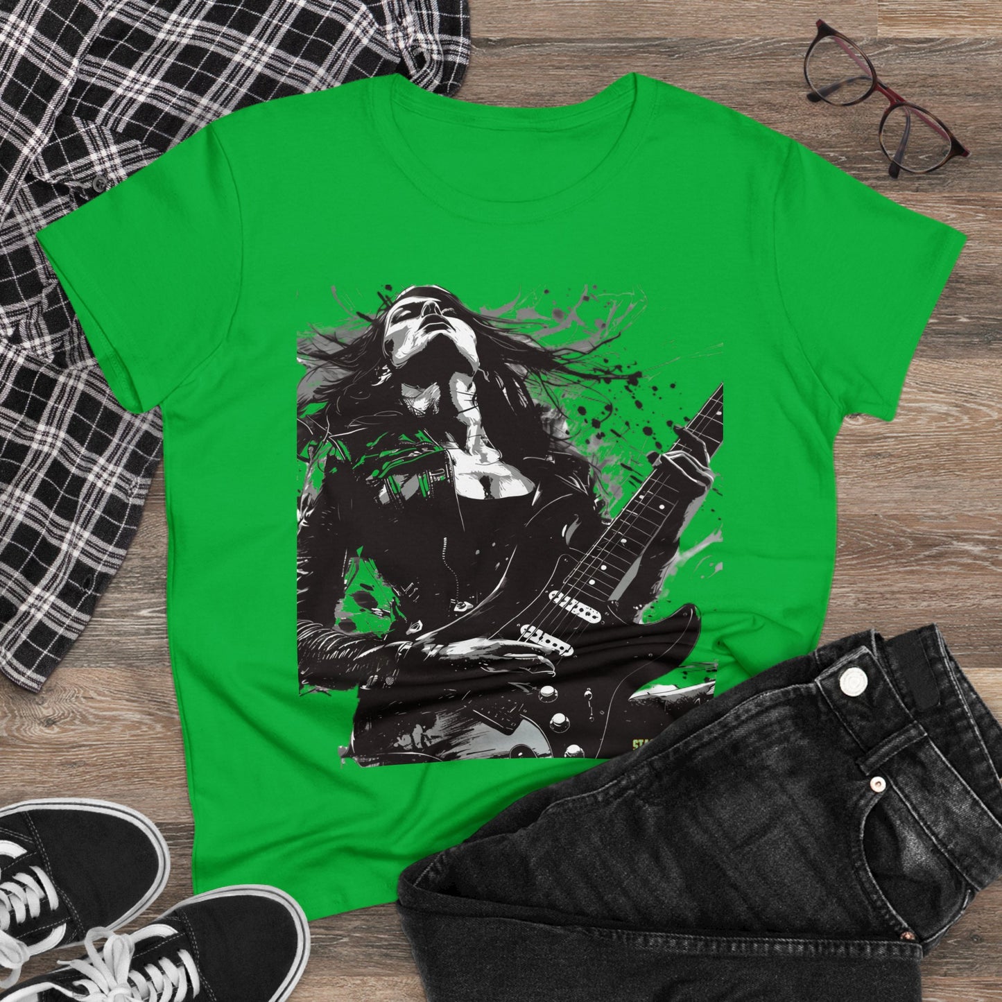 Women's Midweight Cotton Tshirt Girl Guitarist Rocking 001