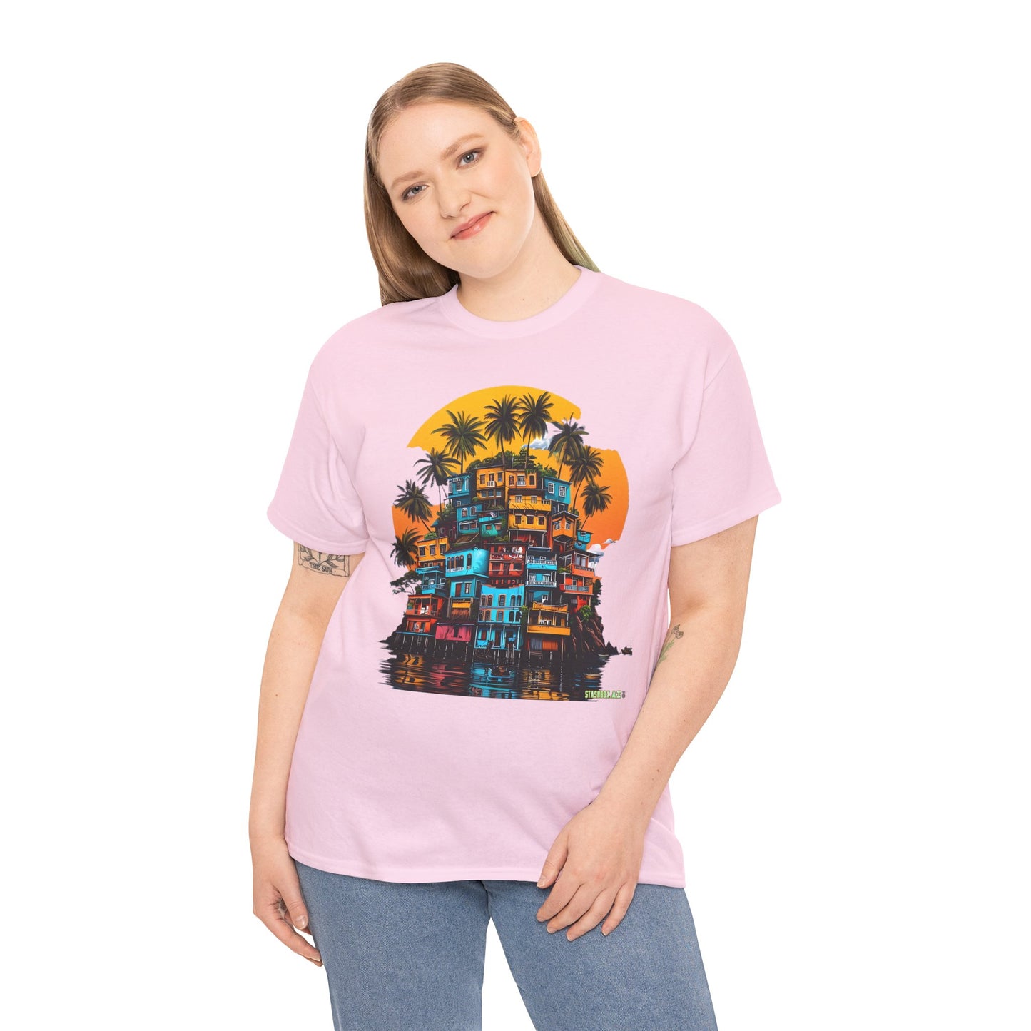 Favella Art Heavy Cotton Tshirt Stacked Buildings Palm Trees Giant Sun 001