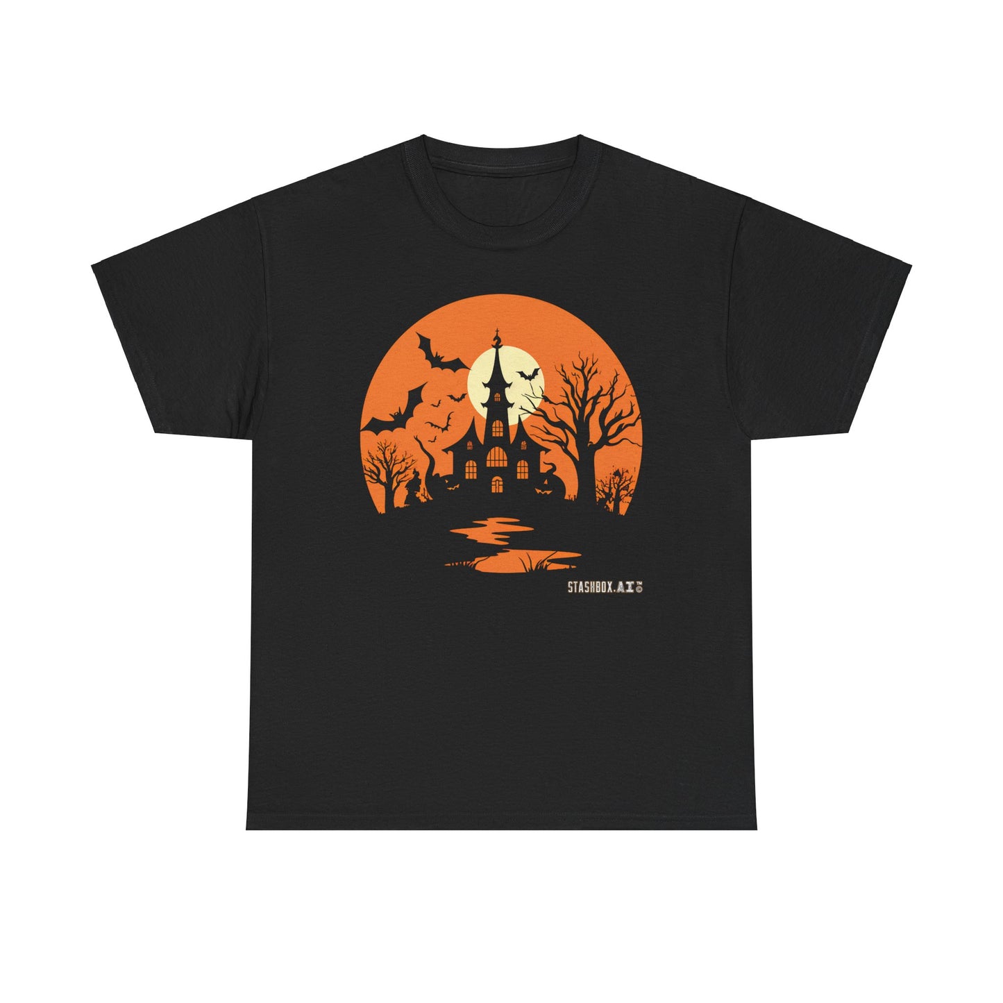 Halloween Haunted House bats and big moon Unisex Tshirt - Black Heavy Cotton Tee - Stashbox Halloween Design #004