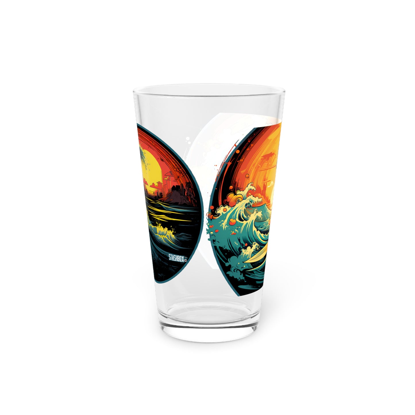 Pint Glass, 16oz Surfing Colorful Wave Sunset Art 2-in-1 Design Waves 046a 046b