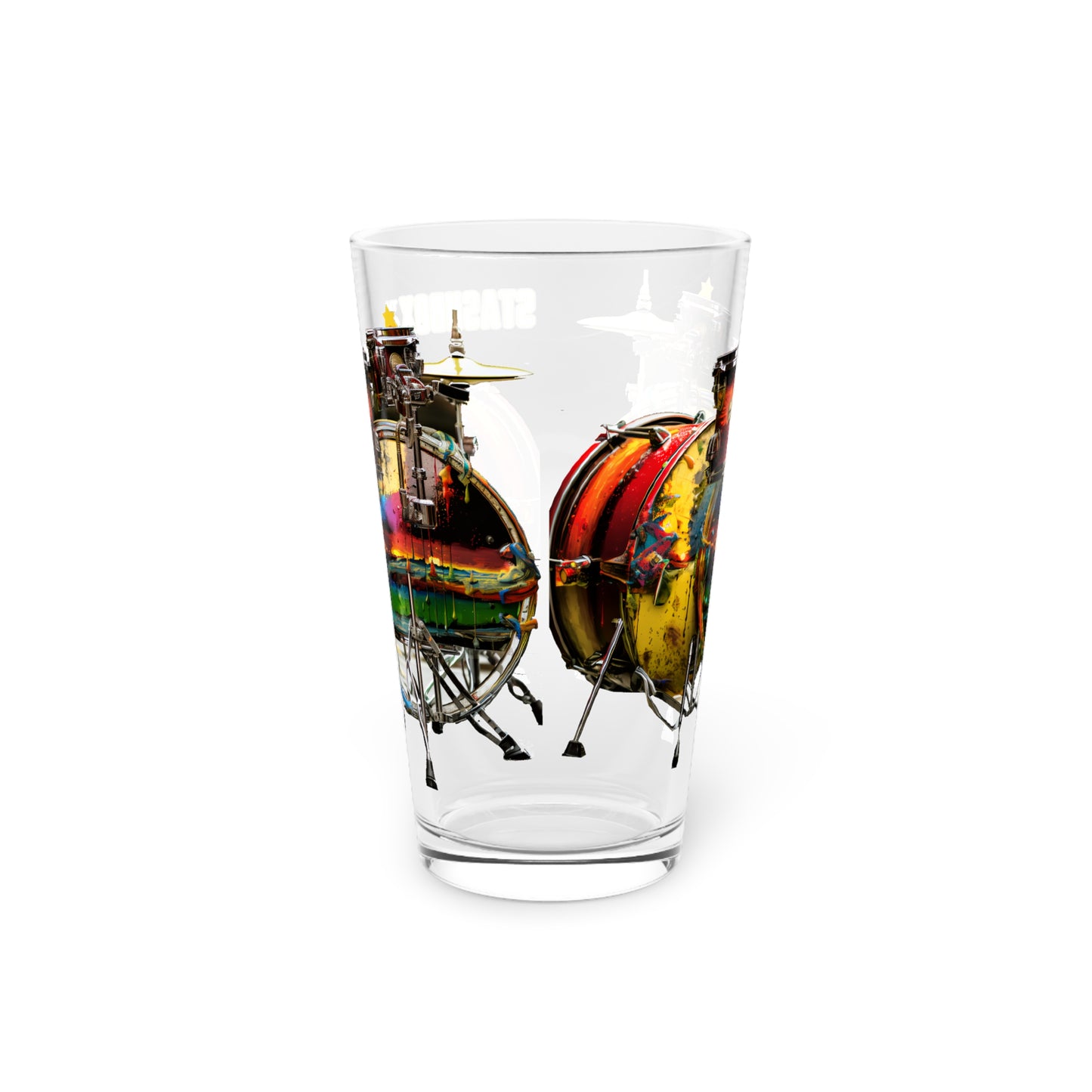 Colorful Paint Drip Art on Drum Kit - Psychedelic Art Pint Glass, 16oz - Music Design #006