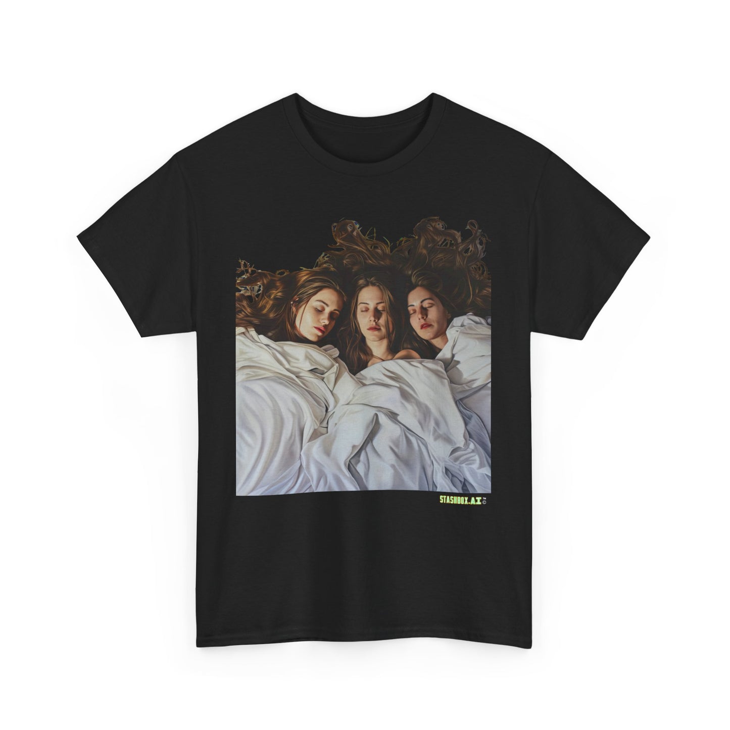 Unisex Heavy Cotton T-Shirt Three Beautiful Woman Sleeping in Bed 0017