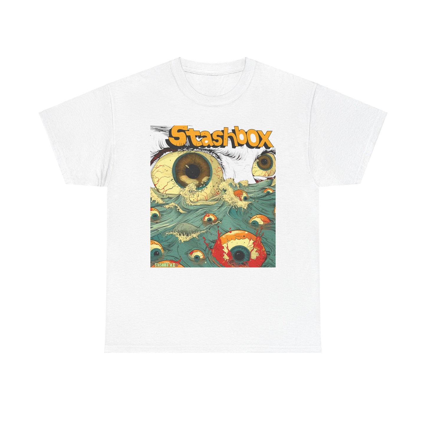 Unisex Heavy Cotton Tee Stashbox Eyeballs in Ocean Waves Design 002