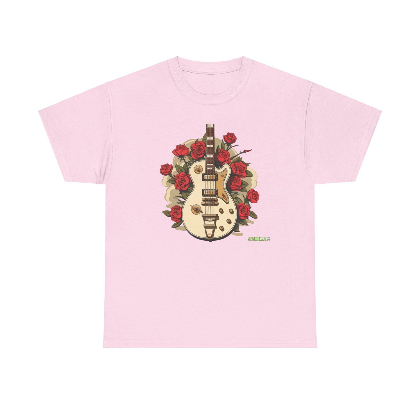 Unisex Heavy Cotton Tshirt Stylish Roses and Guitar 003