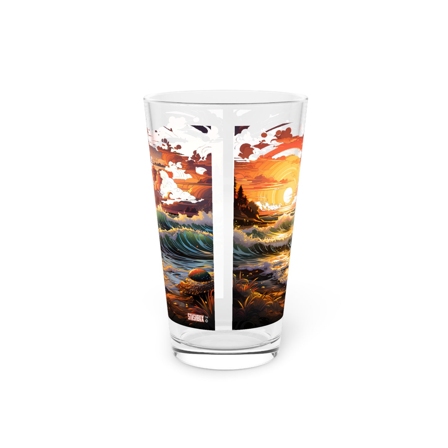 Pint Glass 16oz Cartoon Fantasy Beach Waves Design 054