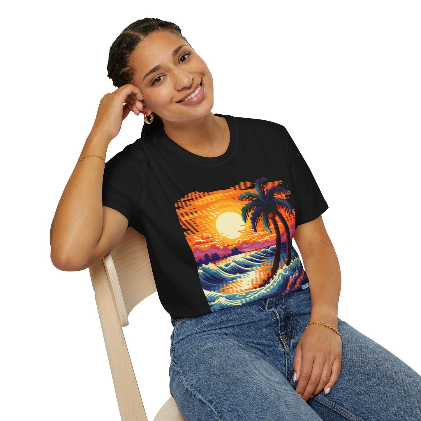 Tshirt Unisex Softstyle Psychedelic Sunset Colors, Cross Stitch Style Tropical Waves 50