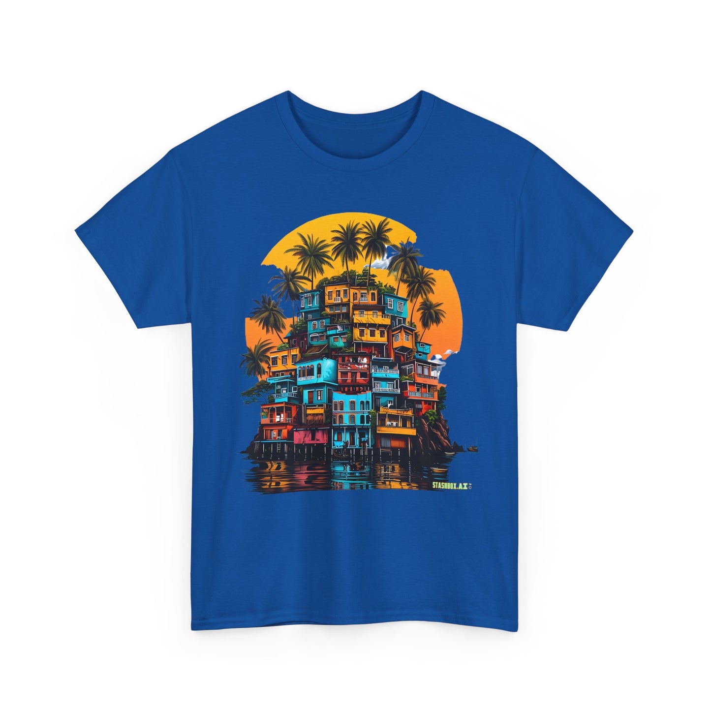 Favella Art Heavy Cotton Tshirt Stacked Buildings Palm Trees Giant Sun 001