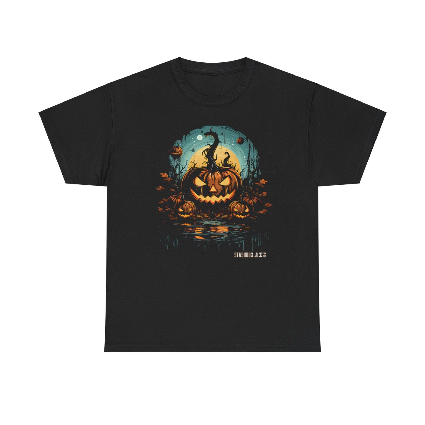 Jack O Lantern In Water Halloween Unisex Tshirt - Black Heavy Cotton Tee - Stashbox Halloween Design #003