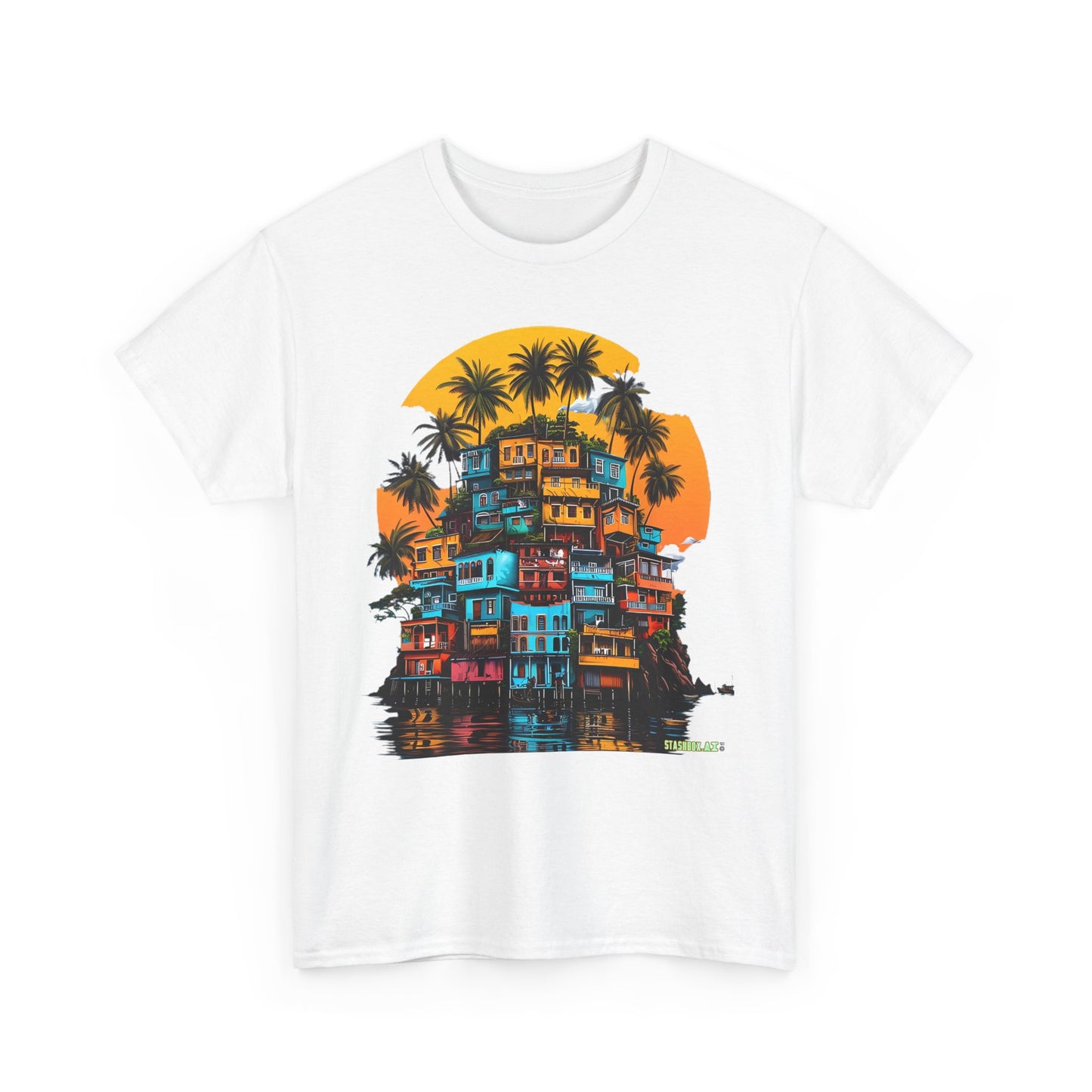 Heavy Cotton Tshirt Stacked Buildings Palm Trees Giant Sun 001