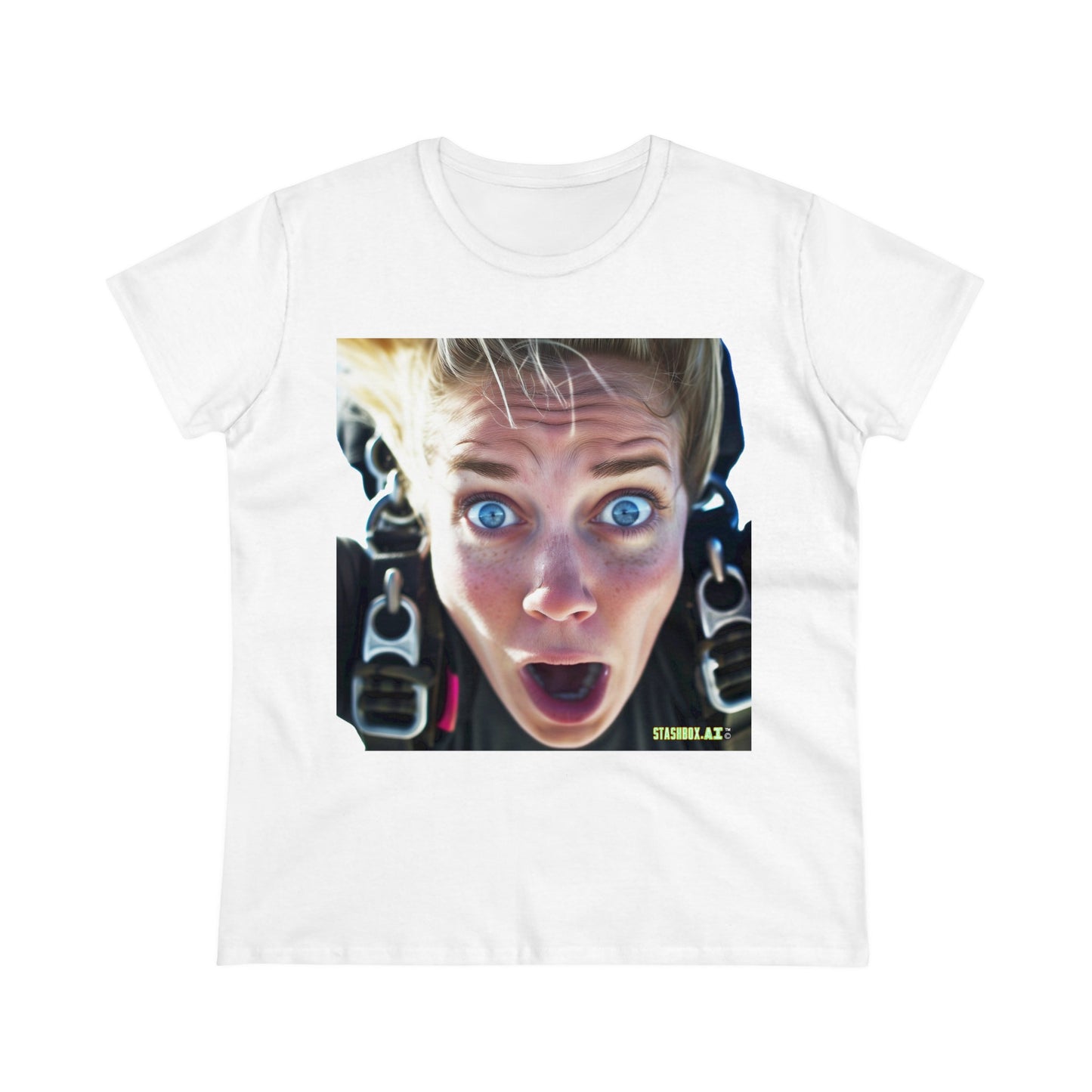 Women's Midweight Cotton Tshirt Terrified Skydiver Close Up 023