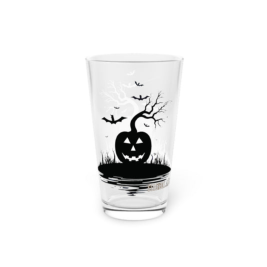 Pint Glass, 16oz Halloween Black Pumpkin & Bats Halloween 005