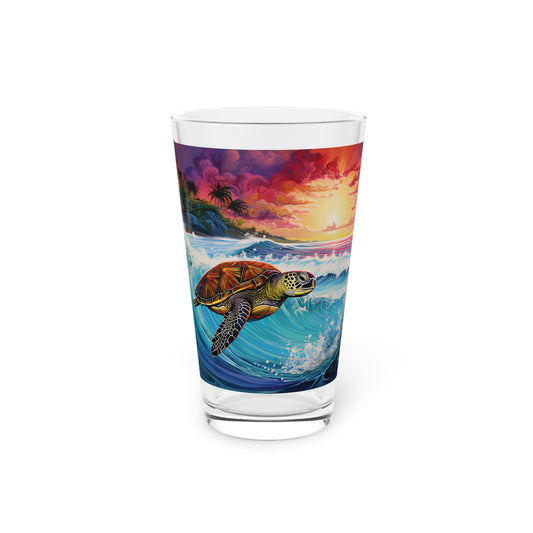 Dive into the tranquil vibes with our Turtle Surfing Color Wave Pint Glass, featuring Waves Design #028. Perfect for ocean lovers, this 16oz glass captures the essence of sea life and surfing, exclusively produced by Stashbox.
