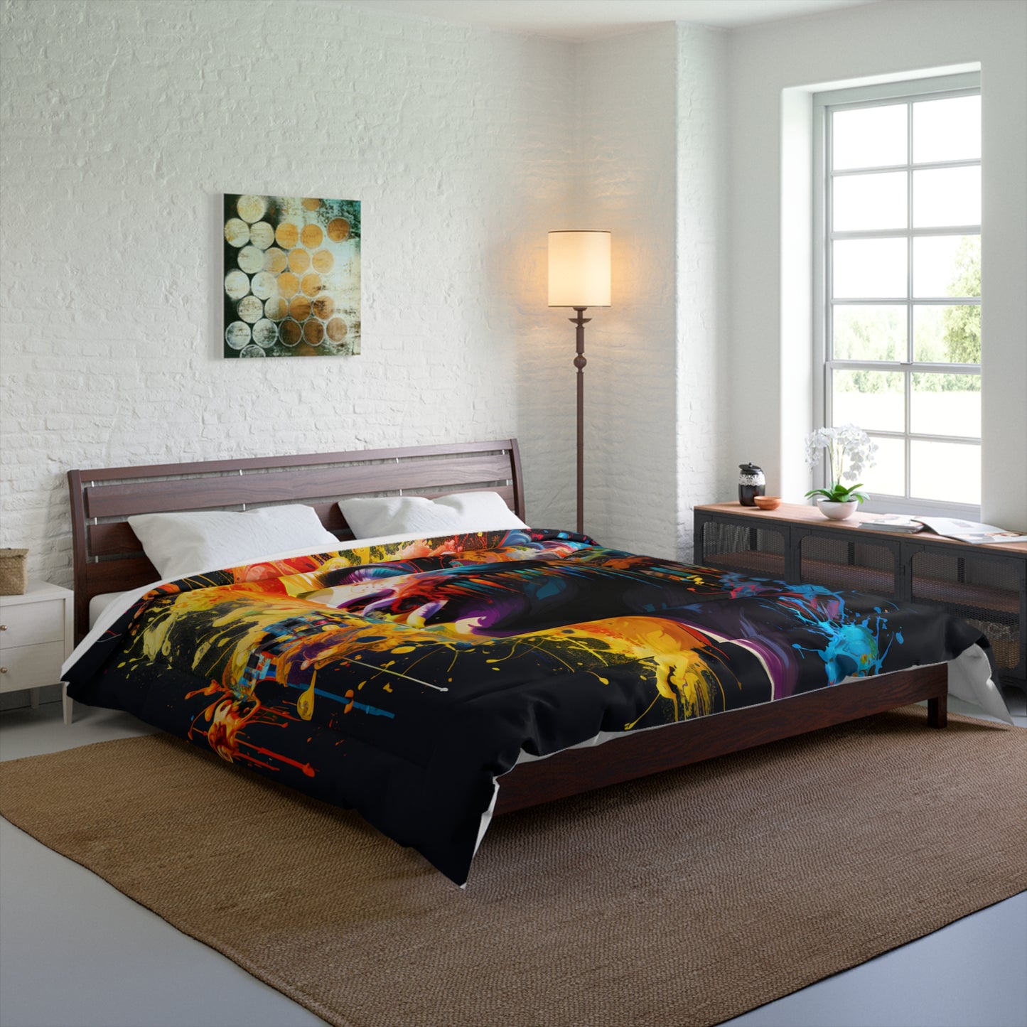 Transform your bedroom into an artistic haven with our Female Singer Drip Ink Art Comforter. Surfboards Design #006. Comfort, creativity, and coastal vibes, curated by Stashbox.ai.