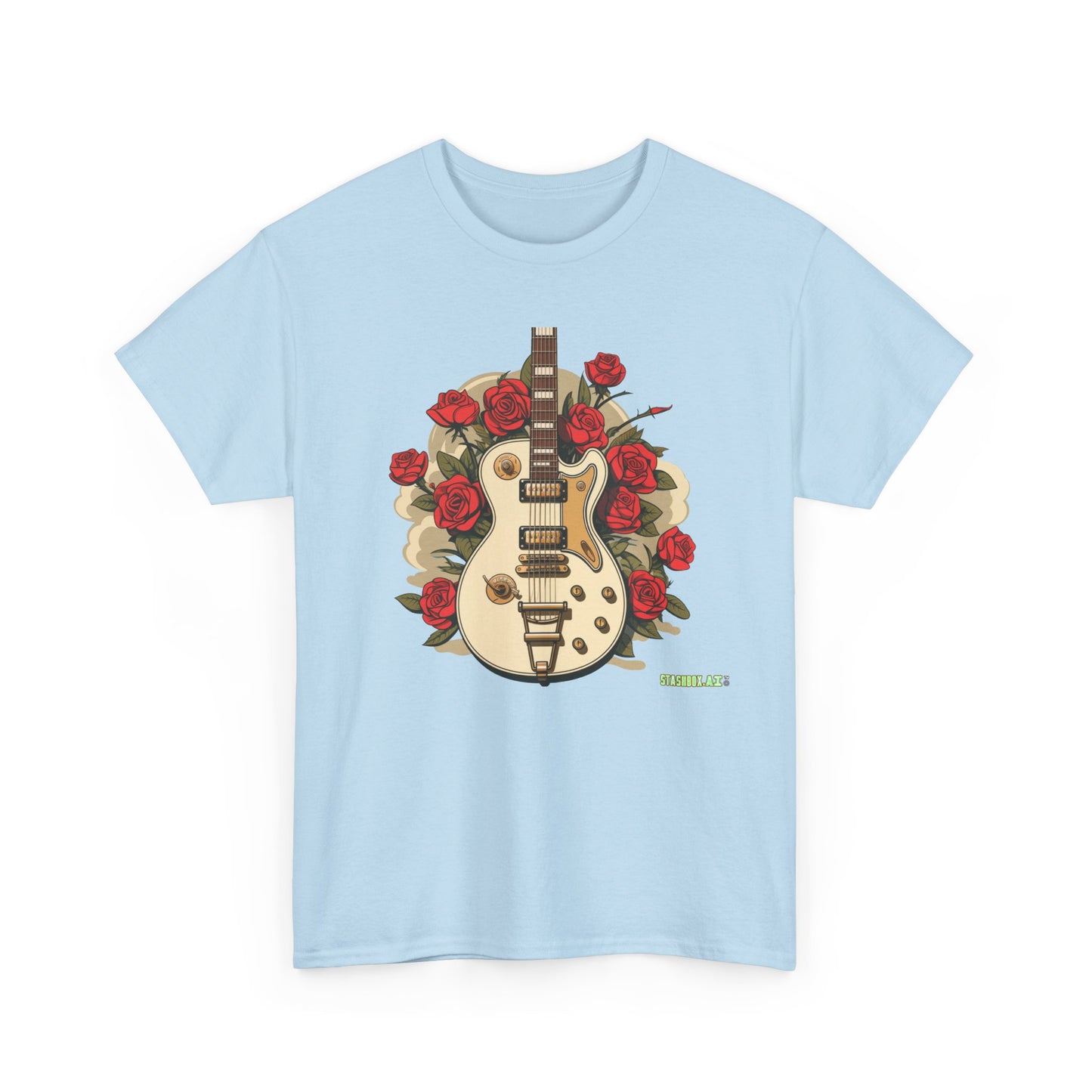 Unisex Heavy Cotton Tshirt Stylish Roses and Guitar 003