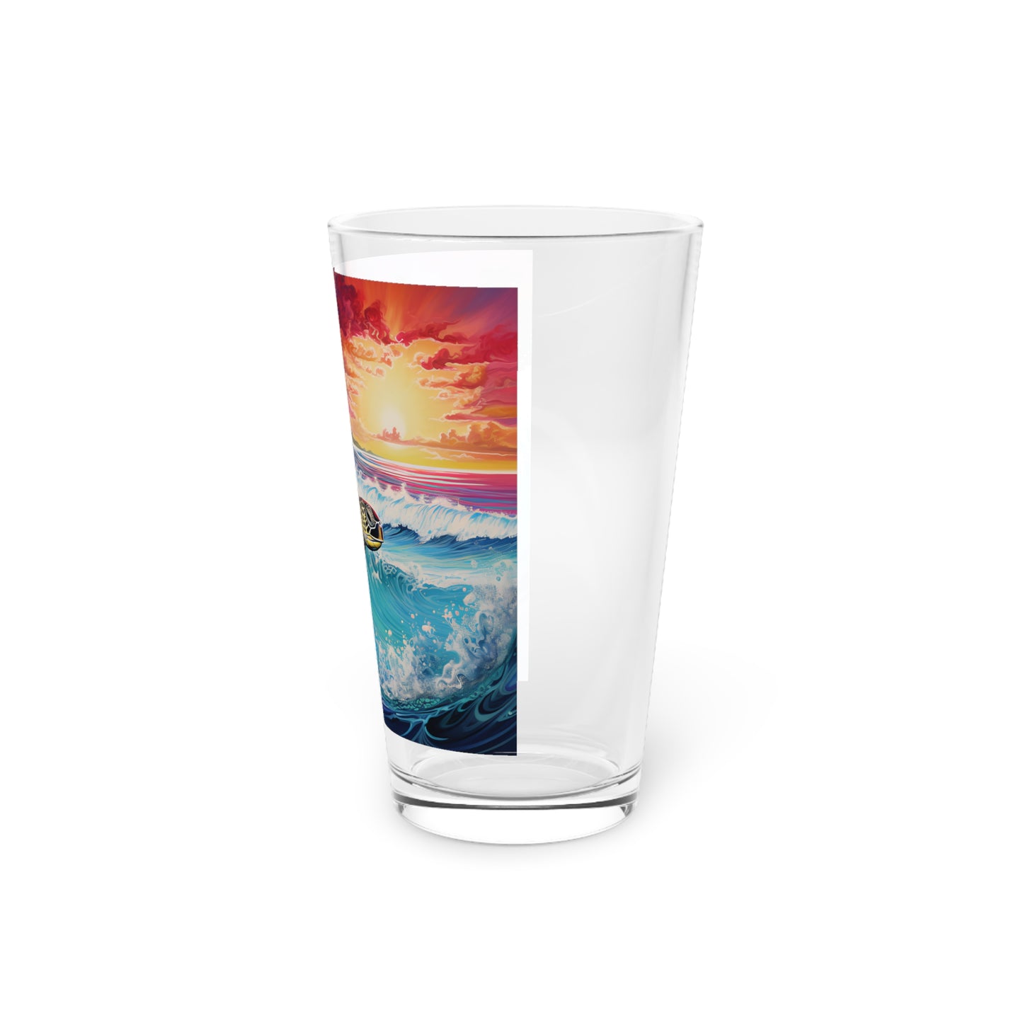 Make a splash with our Turtle Surfing Color Wave Pint Glass, showcasing Waves Design #028. This 16oz glass celebrates the harmony of turtles and ocean waves, a masterpiece exclusively crafted by Stashbox for those who appreciate marine wonders.